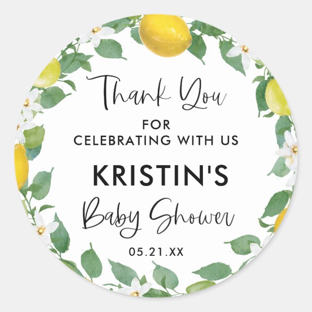 Sticker Rond Citrus Citron thème Baby shower Merci Favoriser (Devant)