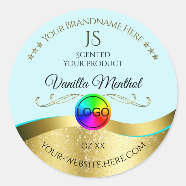 Sticker Rond Clair Turquoise Wavy Gold Logo Monogramme Étiquett (Devant)