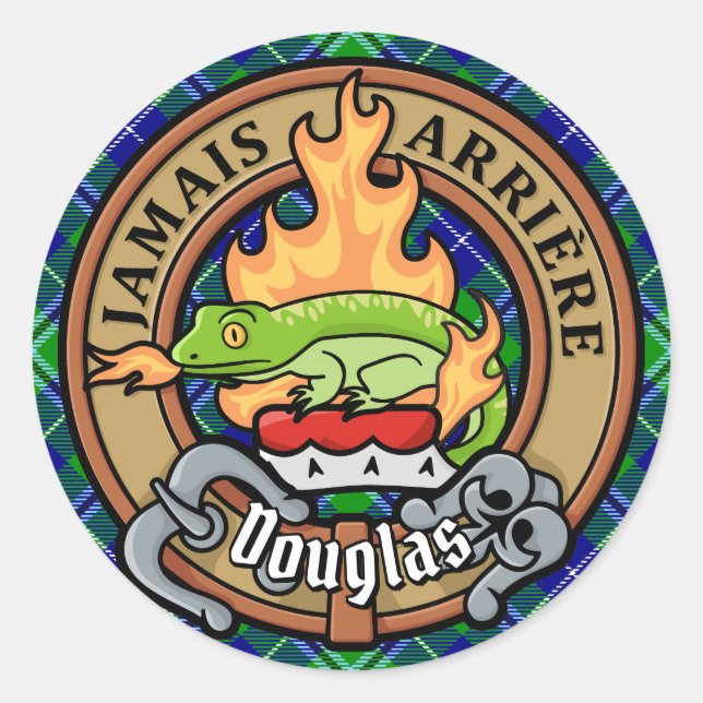 Sticker Rond Clan Douglas Crest sur Tartan (Devant)