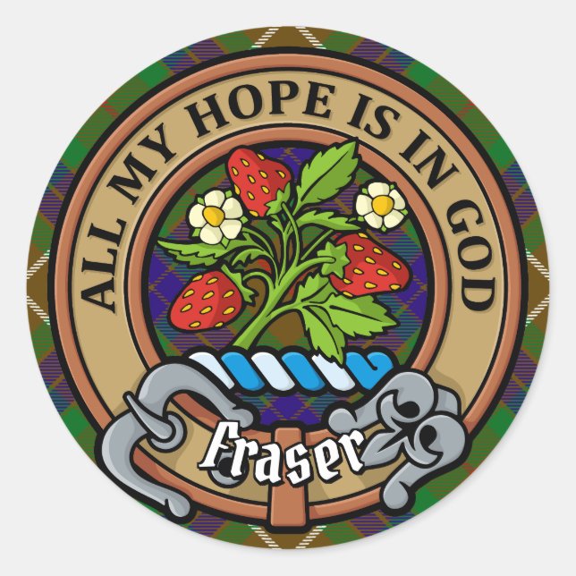 Sticker Rond Clan Fraser Crest sur la chasse Tartan (Devant)