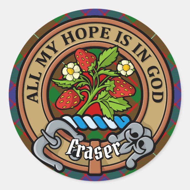Sticker Rond Clan Fraser Crest sur Tartan (Devant)