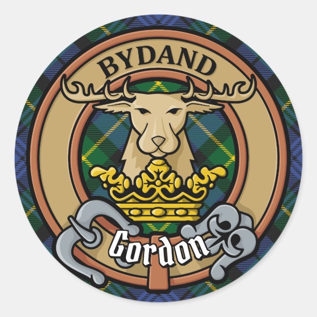 Sticker Rond Clan Gordon Crest sur Tartan (Devant)