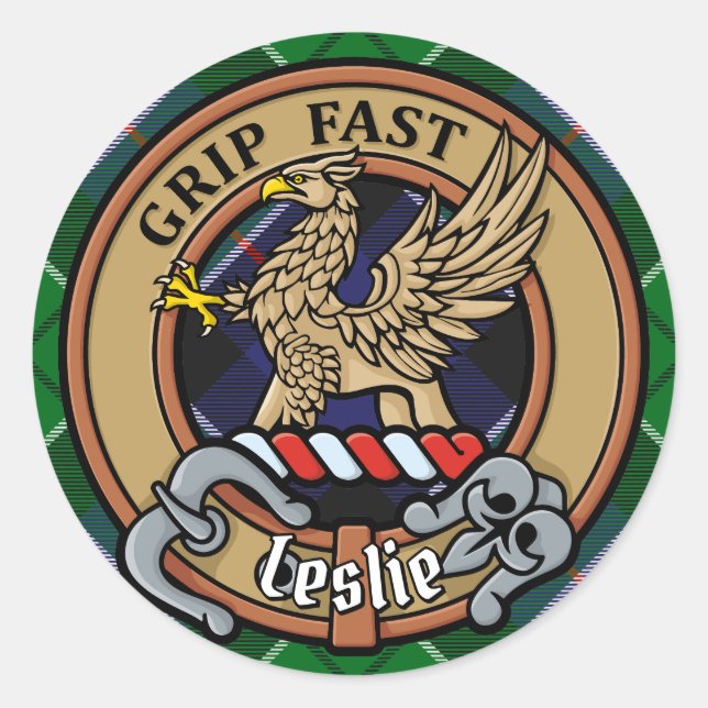 Sticker Rond Clan Leslie Crest sur la chasse Tartan (Devant)
