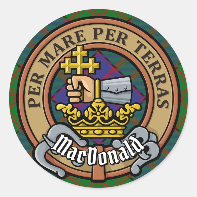Sticker Rond Clan MacDonald Crest sur Tartan (Devant)