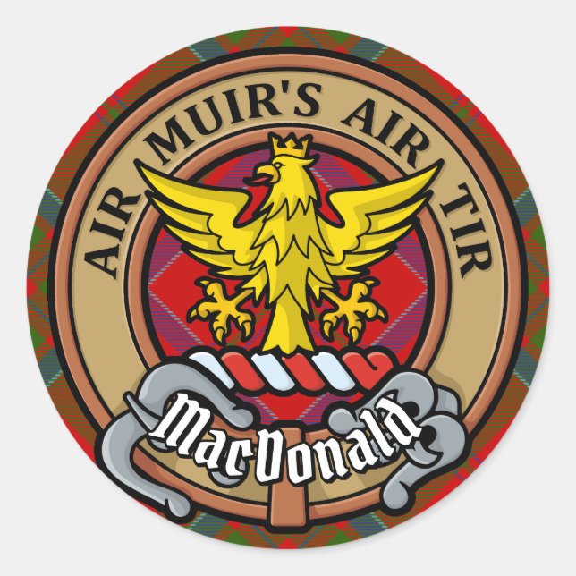 Sticker Rond Clan MacDonald de Keppoch Crest sur Tartan (Devant)