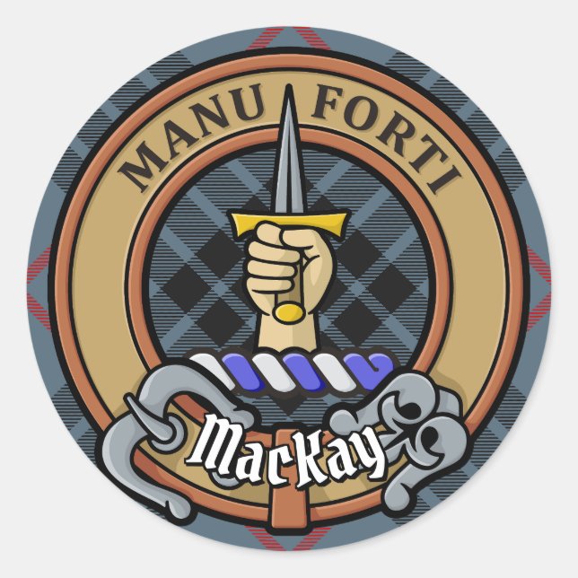Sticker Rond Clan MacKay Crest sur Blue Tartan (Devant)