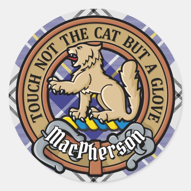 Sticker Rond Clan MacPherson Crest sur la robe bleue Tartan (Devant)