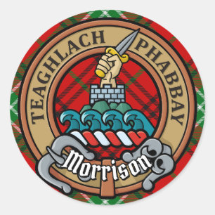 Sticker Rond Clan Morrison Crest sur Red Tartan