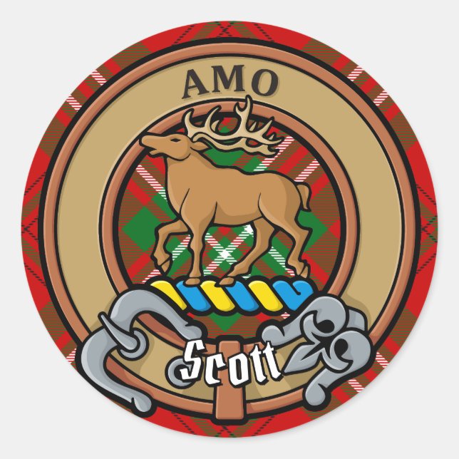 Sticker Rond Clan Scott Crest sur Red Tartan (Devant)
