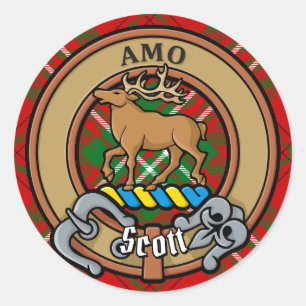 Sticker Rond Clan Scott Crest sur Red Tartan