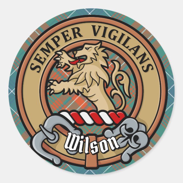 Sticker Rond Clan Wilson Crest au-dessus de Tartan antique (Devant)