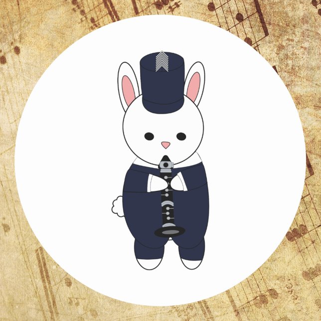 Sticker Rond Clarinet Marching Band Lapin Marine Bleu Blanc (A sticker featuring a rabbit playing the clarinet in a navy blue & white marching band uniform)