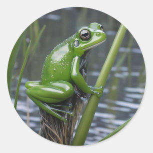 Sticker Rond "Clarté cristalline : Grenouille verte en verre su