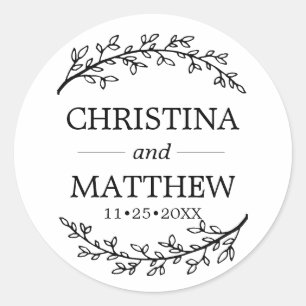 Sticker Rond Classé Blanc Noir Branches Mariage