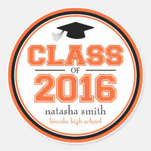 Sticker Rond Classe De 2016 Graduation Favor (Orange / Noir)