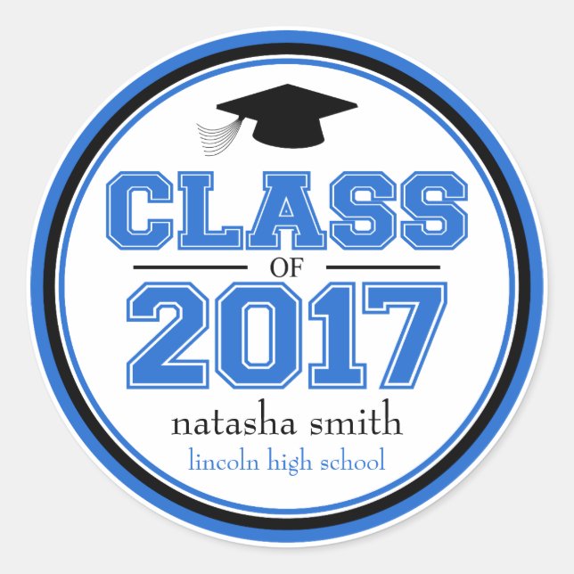 Sticker Rond Classe De 2017 Faveur De Graduation (Bleu / Noir) (Devant)