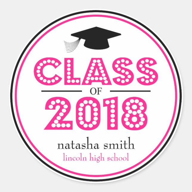 Sticker Rond Classe De 2018 Favor De Graduation (Rose Chaud / N (Devant)