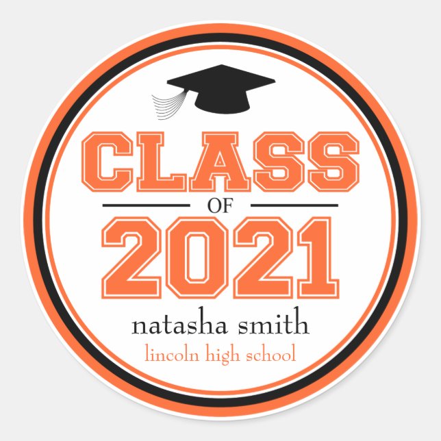 Sticker Rond Classe De 2021 Faveur De Graduation (Orange / Noir (Devant)