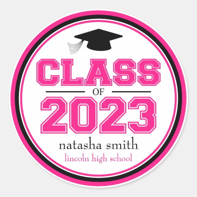 Sticker Rond Classe De 2023 Faveur De Graduation (Rose Chaud /  (Devant)