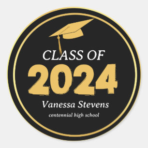 Sticker Rond Classe de 2024 Elegant Black Gold Personnalisé