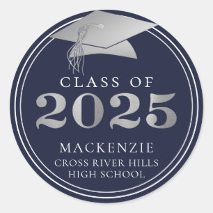 Sticker Rond Classe de 2025 Elegant Marine Argent Personnalisé