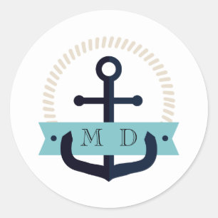 Sticker Rond Classe de Mariage Monogramme marine moderne Ancre 