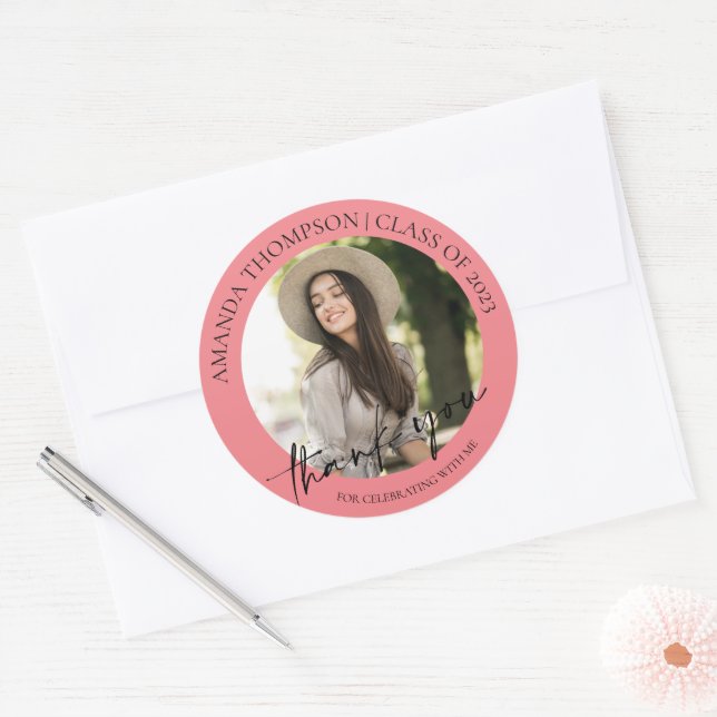 Sticker Rond Classe De Merci De Diplôme Photo Rose 2025 (Enveloppe)