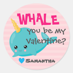 Sticker Rond Classe Narwhal Valentine "Whale you be mine"