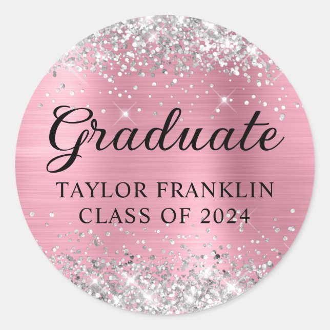 Sticker Rond Classe Parties scintillant d'argent rose de 2024 G (Devant)