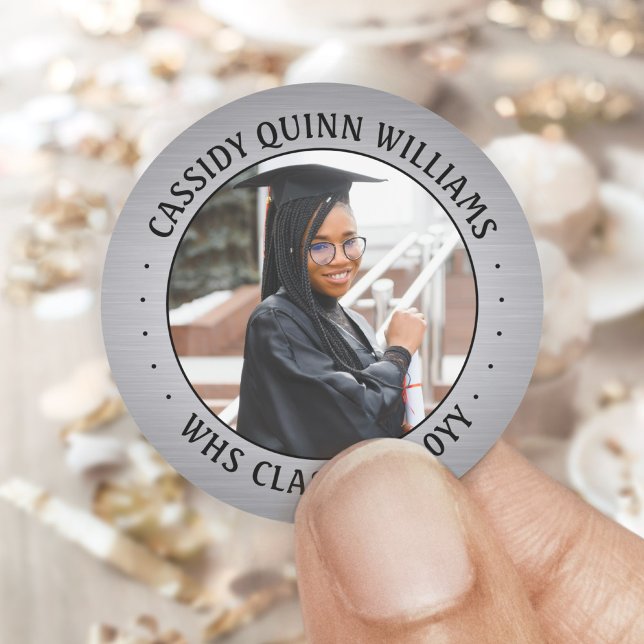 Sticker Rond Classe photo Année Black Silver Faux Foil Graduati (Créateur téléchargé)