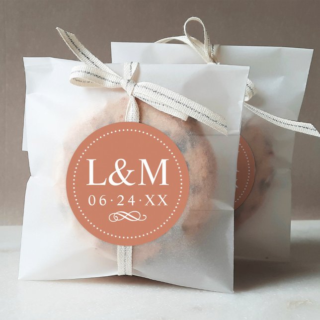 Sticker Rond Classic Elegant Terracotta Orange Mariage Monogram (Créateur téléchargé)