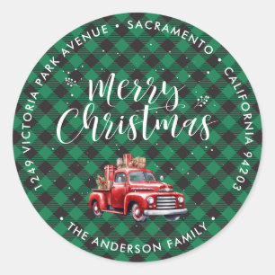 Sticker Rond Classic Red Truck Green Christmas Adresse de retou