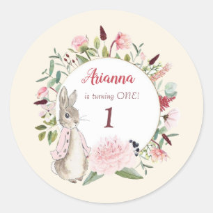 Sticker Rond Classic rose Pierre le lapin Floral Anniversaire