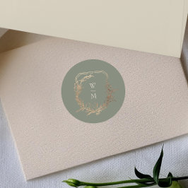 Sticker Rond Classic Sage & Cream Monogram Gold Crest Mariage