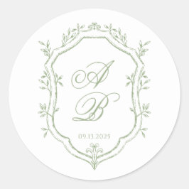 Sticker Rond Classic Sage Green Floral Monogram Crest Wedding