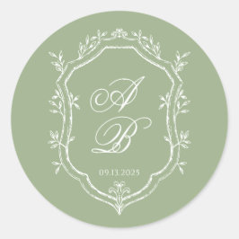 Sticker Rond Classic Sage Green & White Monogram Crest Wedding