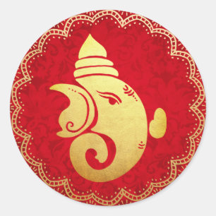 Sticker Rond Classieux Ganapati Dieu hindou indien Rouge Or 