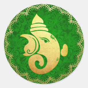 Sticker Rond Classieux Ganapati Dieu Hindou Indien Vert Or