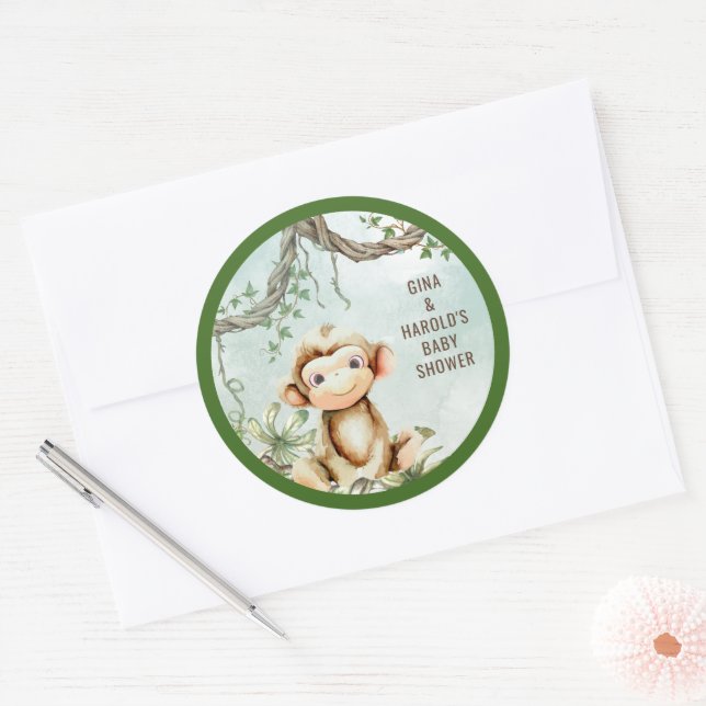 Sticker rond classique Baby shower singe (Enveloppe)