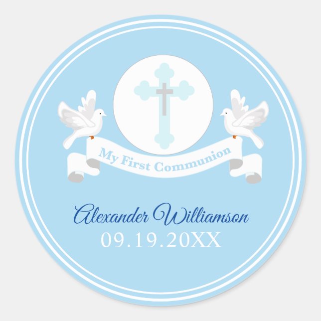 Sticker rond classique bleu première communion (Devant)