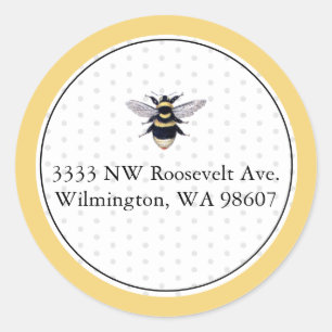 Sticker Rond Classique d'adresse de retour abeille jaune et noi