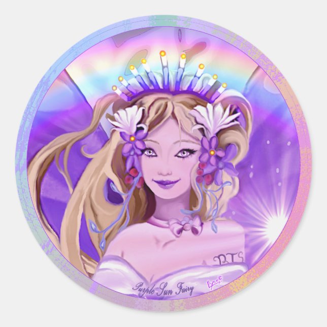 Sticker rond classique de la fée solaire violette (Devant)