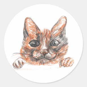 Sticker rond classique en dessin de chat, brillant