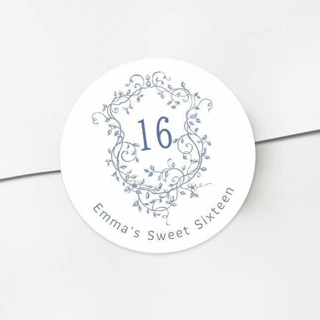 Sticker Rond Classique Français Bleu Floral Crest Sweet 16 Anni (Créateur téléchargé)