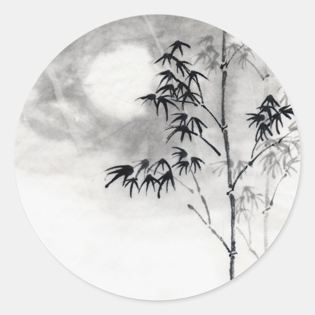 Sticker Rond classique japonais sumi-e peinture art bambou lune (Devant)