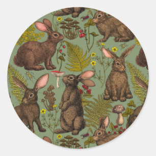 Sticker rond classique lapins et flore boisée