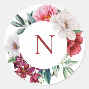 Sticker rond classique Monogram Pink Peonies