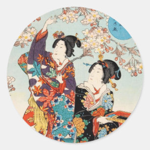 Sticker Rond Classique ukiyo-e vintage deux geishas art d'Utaga