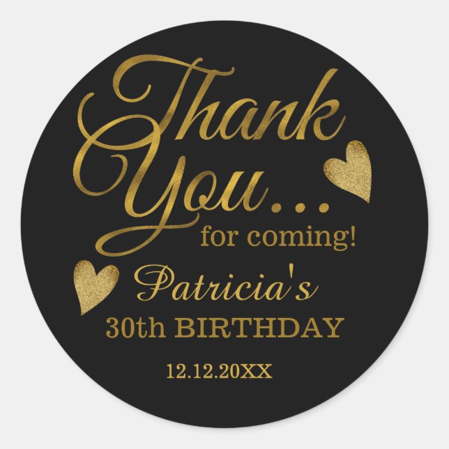 Sticker Rond Classy Black and Gold 30th Birthday Merci (Devant)