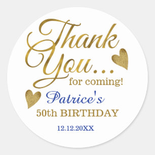 Sticker Rond Classy Gold Blue 50th Birthday Merci  